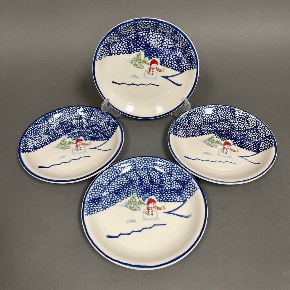 Thomson Pottery Salad Plates Snowman Blue White 7 5/8" Snow Lot of 4‎
